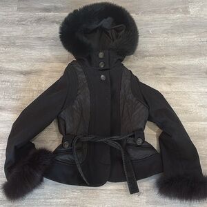 Paule Ka Vintage Wool Jacket button Wrap Coat Sz 40/Medium Fox fur trim